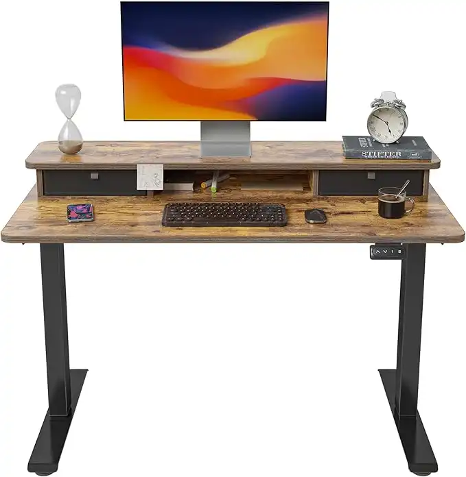 FEZIBO 40 x 24 Inch Height Adjustable Electric Standing Desk with Double Drawer, Stand Up Desk with Storage Shelf, Sit Stand Desk, Rustic Brown