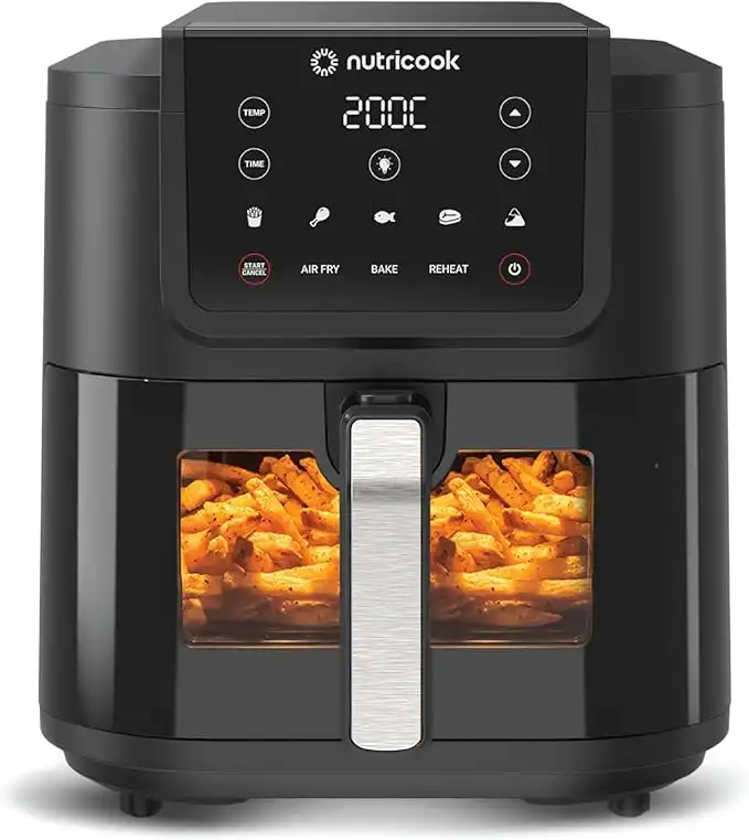 Nutricook Air Fryer Slim XL,7.6L, 2.4KG, Extra-Large Basket, Space-Saving Slim Design, Air Fry, Bake, Reheat, with 5 Presets, Clear Window & Internal Light, AFS200, Black, 1700 Watts, 2 Yr Warranty