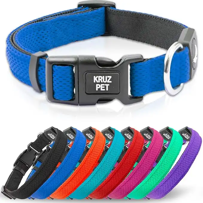 Kruz PET KZA102-02M Mesh Dog Collar for Small, Medium, Large Dogs, Adjustable Neck Collar, Soft, Lightweight, Breathable, Comfort Fit - Blue - Medium