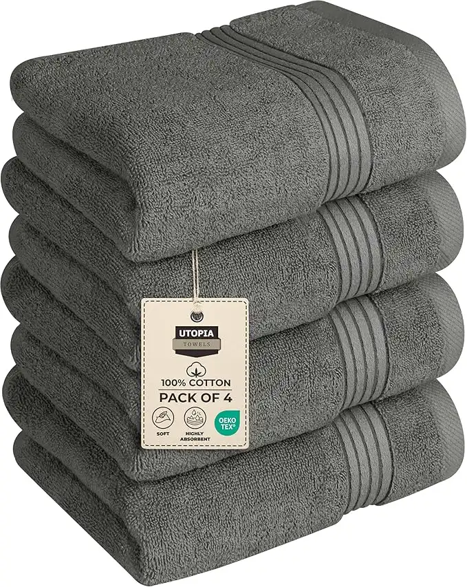 Utopia Towels 4 Piece Hand Towels Set, (16 x 28 inches) 100% Ring Spun Cotton, Lightweight and Highly Absorbent Towels for Bathroom, Camp, Travel, Spa, and Hotel (Grey)