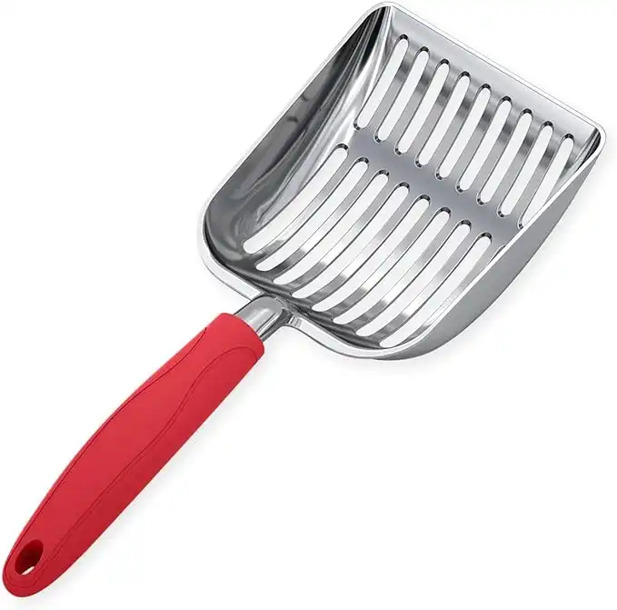 WePet Cat Litter Scoop, Aluminum Alloy Sifter, Kitty Metal Scooper, Deep Shovel, Long Handle, Poop Sifting, Kitten Pooper Lifter, Heavy Duty, for Litter Box, Polished Aluminum with Red Handle