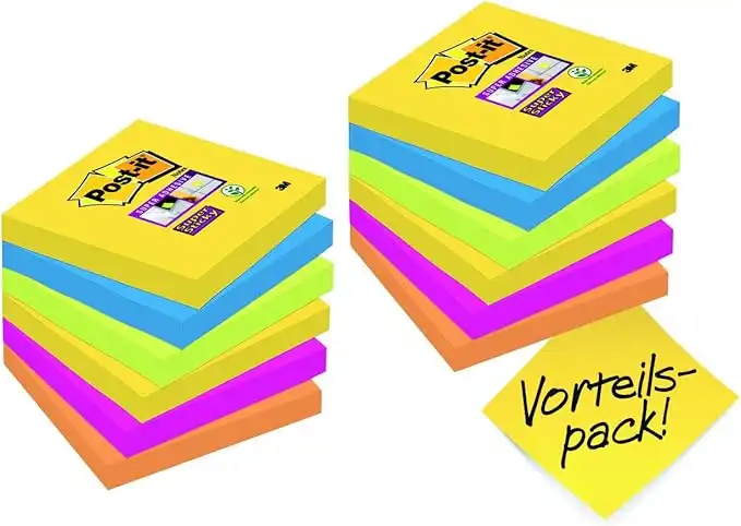 Post-it Super Sticky Notes Promotion 654SR9+3, 12 Blöcke à 90 Blatt zum Vorteilspreis, Rio de Janeiro Collection: ultragelb, blau, pink, neongrün, orange, 76 x 76 mm, PEFC zertifiziert