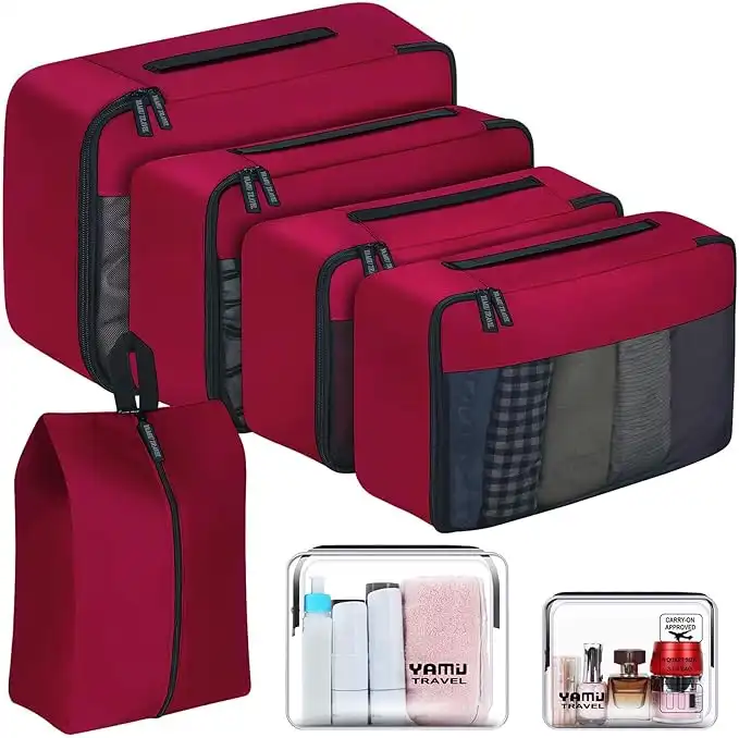 YAMIU Packing Cubes 7-Pcs Travel Organizer Accessories with Shoe Bag & 2 Toiletry Bags, Wine Red, Small, Medium, Large