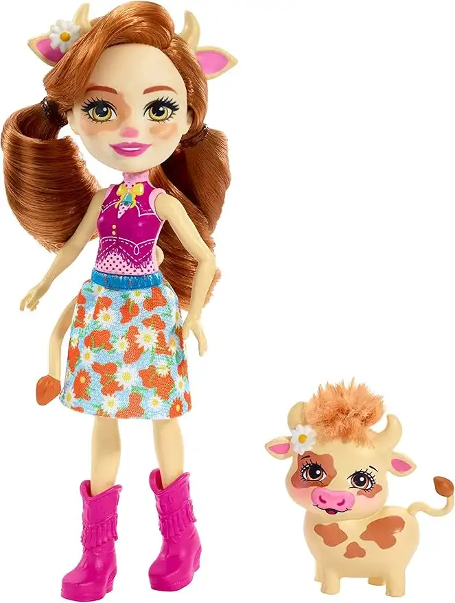 Enchantimals FXM77 Cailey Cow Doll (6 Inch), and Curdle Animal Friend Figure, Multicolour