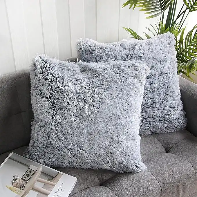 Uhomy 2 Packs Fluffy Accent Pillows Cover 22"x22", Soft Black Ombre Artificial Fur Throw Pillow Case, Modern Luxury Decorative Square Cushion Cover for farmhouse home decor for Sofa/Bed/Chair, 55x55cm