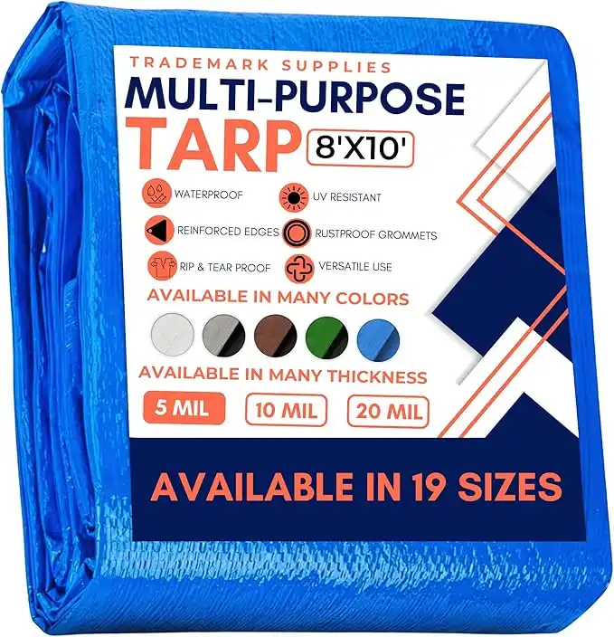 Large Waterproof Tarp Thick Poly Tarpaulin Ideal for Canopy Tents, Boats, RV or Pool Covers - Multipurpose Protective Tarps with Grommets for Indoor and Outdoor Use | 8' x 10'