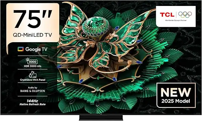 TCL 75C7K Television 75 Inch Smart TV 4K QD-Mini LED Colorful Quantum Crystal HDR 3000nits Gaming Google TV, 144Hz Native Refresh Rate, Audio by Bang & Olufsen, Dolby Atmos, Game Master (2025 Model)