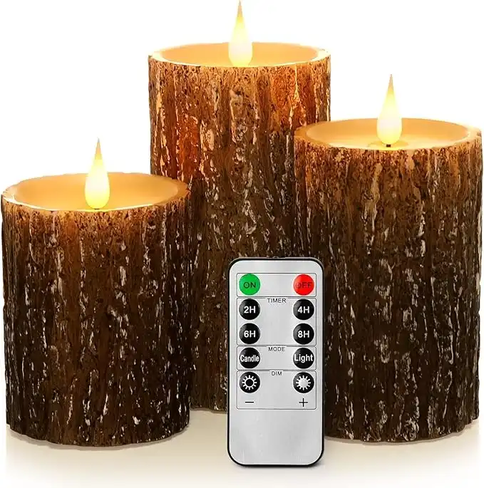 Aku Tonpa Pine Bark Effect Flameless Candles Battery Operated Pillar Real Wax Flickering Electric LED Candle Sets with Remote Control Cycling 24 Hours Timer, 3'' x 4'' 5'' 6'' Pack of 3