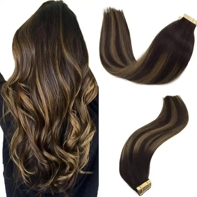 GOO GOO Tape in Hair Extensions 100% Real human hair 20pcs 50g 60cm Dark Brown to Light Brown Real Remy Hair Extensions Seamless Straight Human Hair Extensions