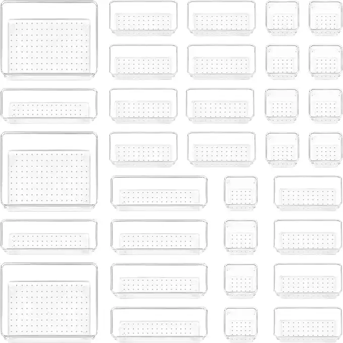 Vtopmart 37 PCS Clear Plastic Drawer Organiser Set, 4 Size Versatile Kitchen, Bedroom and Bathroom Drawer Organizer Trays for Makeup, Jewelry, Kitchen Utensils and Office