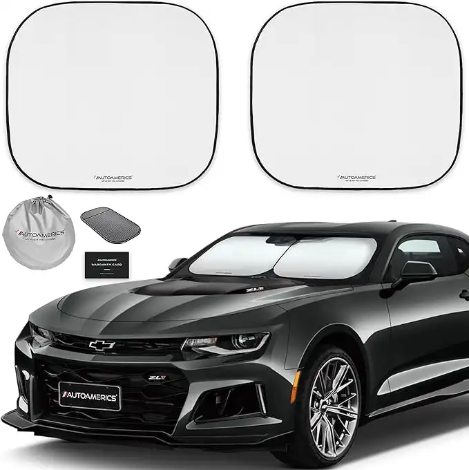 Autoamerics 2-Piece Windshield Sun Shade Foldable Car Front Window Sunshade for Most Compact Sports Cars - Auto Sun Blocker Visor Protector Blocks Max UV Rays and Keeps Your Vehicle Cool - (Small Fit)
