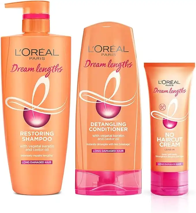 Loreal Paris Dream Lengths Long Hair Dreams Kit (With Paraben Free Restoring Shampoo 704ml + Detangling Conditioner 192.5ml + No haircut Cream Leave In Conditioner 50ml), 946.5ml