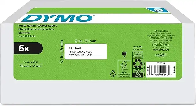 DYMO Authentic LabelWriter Return Address Labels for LabelWriter Label Printers, White, 3/4'' x 2'' (30330), 6 rolls of 500