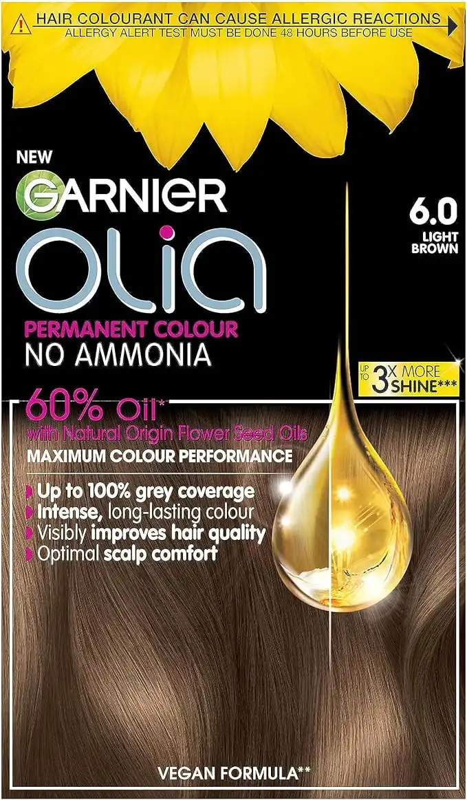 Garnier Olia Permanent Hair Dye, Up to 100% Grey Hair Coverage, No Ammonia, 60% Oils, 6.0 Light Brown