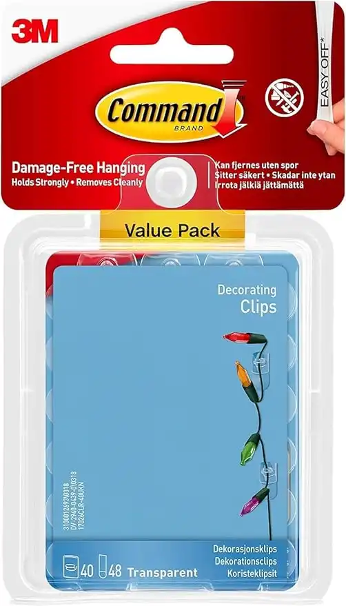Command Decorating Clips, Value Pack of 40 Mini Hooks and 48 Small Adhesive Strips, Transparent - Hanging Clips for Decorations and Fairy Lights, Wall Adhesive - Damage Free Hanging