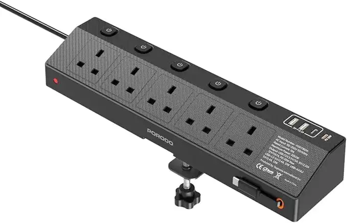 Porodo Power Strip 3250W, Desk Clamp, 10-in-1 Extension Cord, Power Strips with 5 AC & 4 USB ports, PD 20W USB-C, Plug Extender for Home and Office, built-in 80cm Retractable Type-C Cable