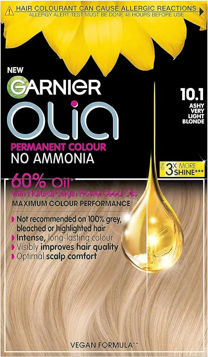 Garnier Olia Permanent Hair Dye, Up to 100% Grey Hair Coverage, No Ammonia, 60% Oils, 10.1 Very Light Ash Blonde