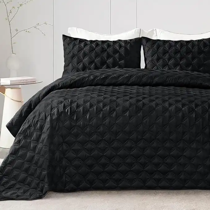 Exclusivo Mezcla Black Quilt Set King Size, 3 Pieces Stitched Pattern King Quilts (104"x96") with 2 Pillow Shams, Lightweight Bedspreads Soft Coverlet for All Seasons
