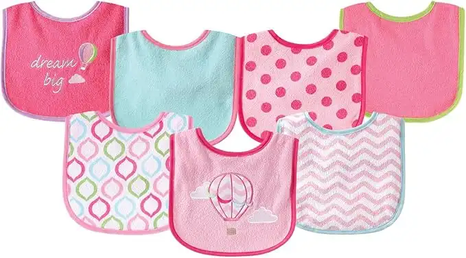 Luvable Friends Unisex Baby Cotton Terry Drooler Bibs with PEVA Back, Pink Balloon, One Size