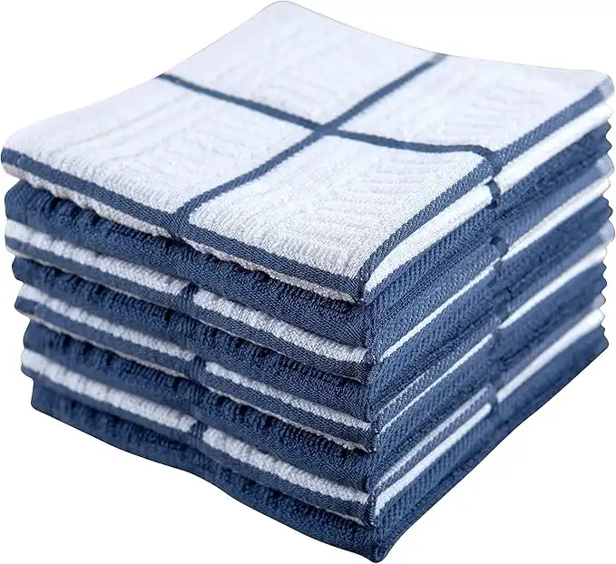 Sticky Toffee Kitchen Towels Dishcloths 100% Cotton, Set of 8, Dark Blue and White Dish Cloth Towels, Tea Towels, Reusable and Absorbent Cleaning Cloths, Oeko-Tex Cotton, 12 in x 12 in