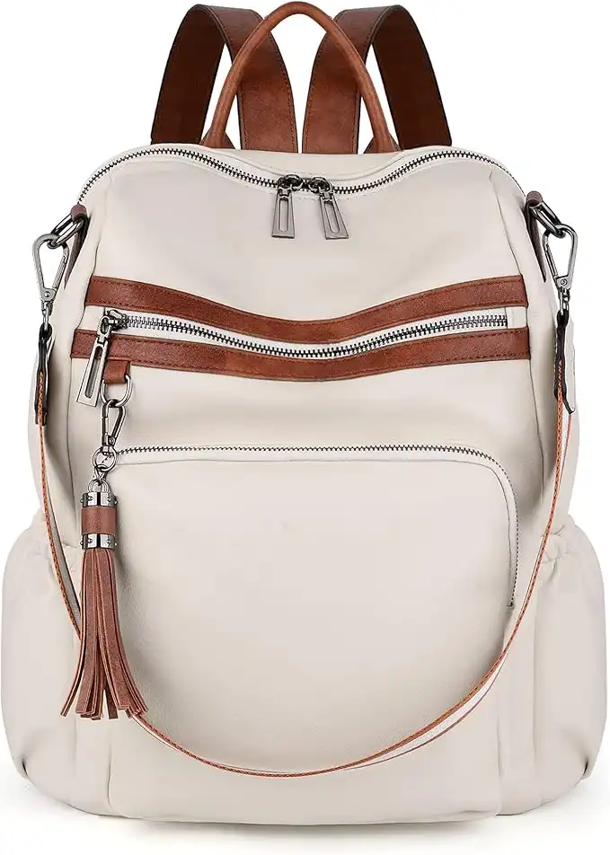 UTO Women Backpack Purse PU Washed Leather Convertible Ladies Rucksack Tassel Zipper Pocket Shoulder Bag