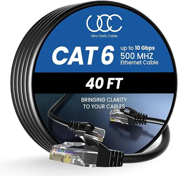 Ultra Clarity Cables Ethernet Cable Cat6 12M/40ft High-Speed 10Gbps LAN Cable with Gold Plated RJ45 Connector for Router, Modem, PC, Switches, Hub, Laptop, Black, 1 Pack