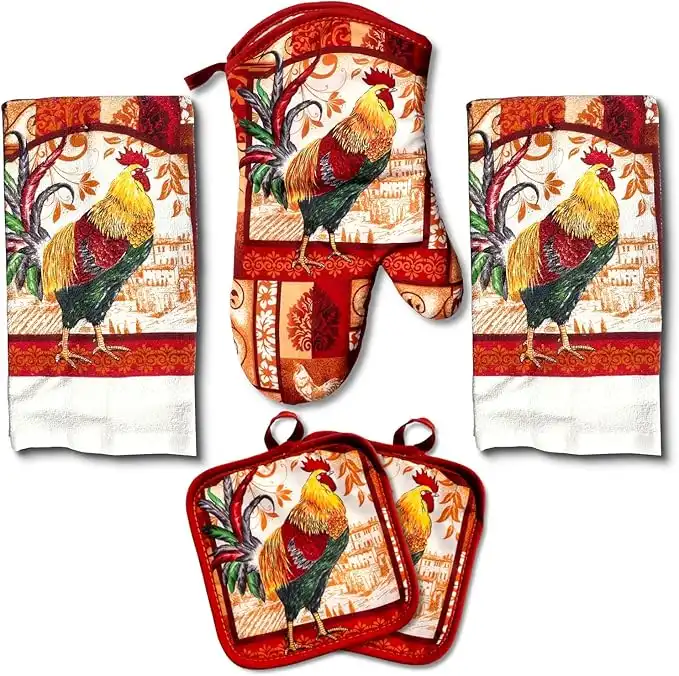 Lobyn Value Packs: Decorative & Functional Rustic Rooster Kitchen Set – 5 Pieces, Perfect for Farmhouse Décor Set Includes 2 Dish Towel 2 Pot Holders 1 Oven Mitt | Kitchen Towel Set for Daily Use