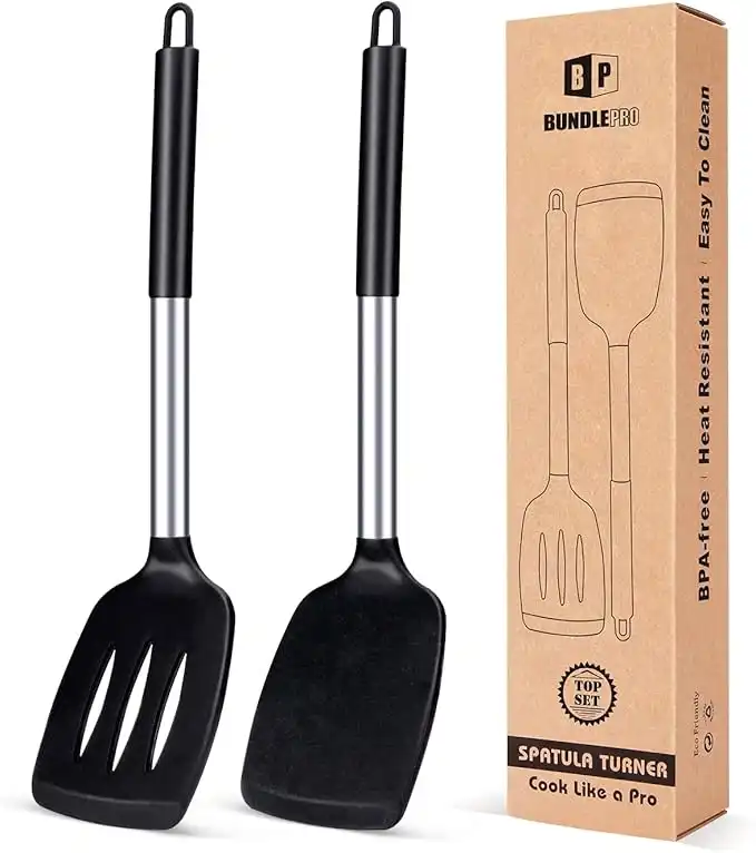 BUNDLEPRO 2 Pack Silicone Spatula, Heavy Duty Non-Stick Slotted Heat Resistant BPA Free Ideal Cookware for Fish, Eggs, Pancakes, Black