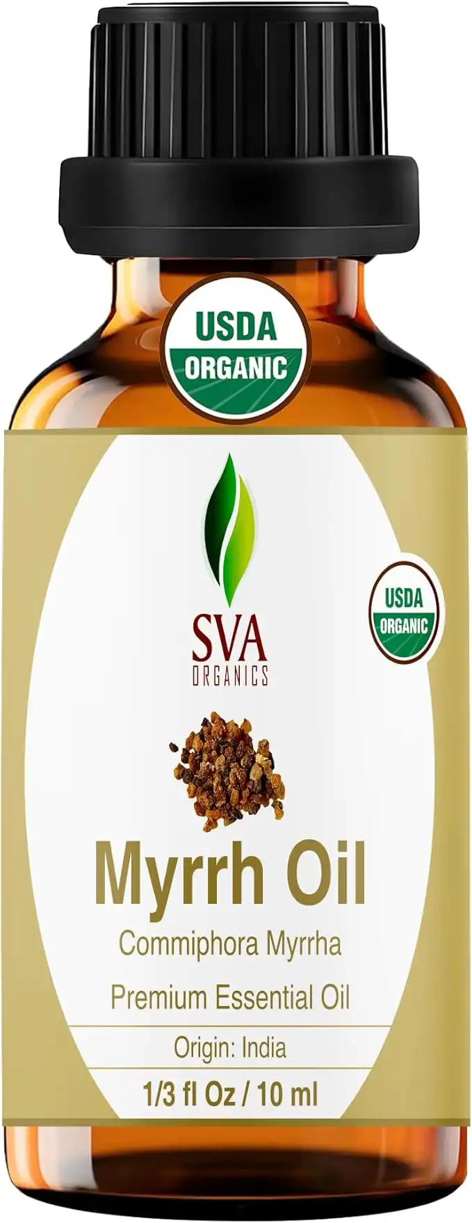 SVA Organics Myrrh Essential Oil Organic 10 ml 100% Pure USDA Certified Natural Premium Therapeutic Grade for Skin, Young Glowing Face, Hair, Personal Care, and Aromatherapy Massage