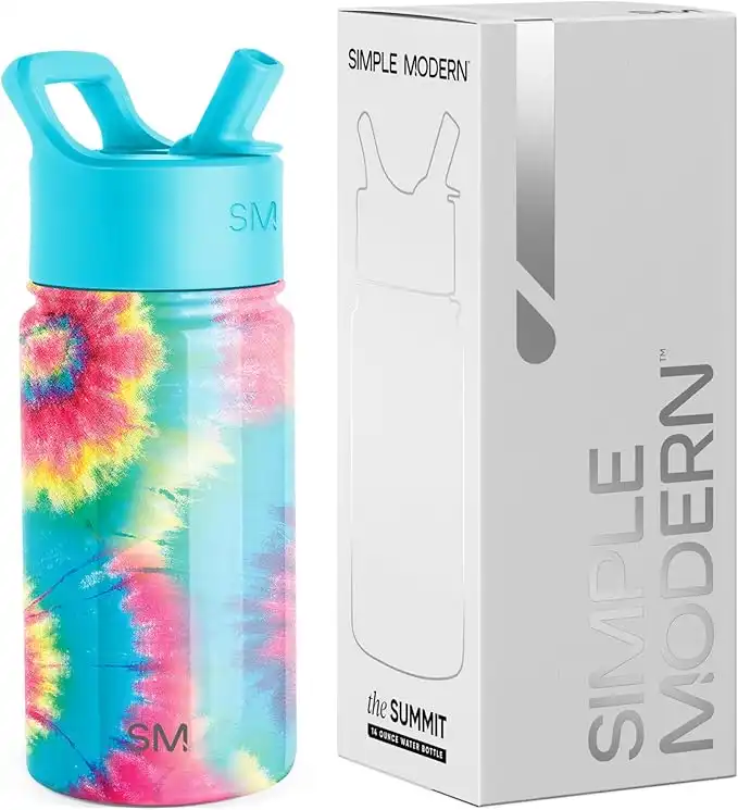 Simple Modern Kids Water Bottle with Straw Lid | Insulated Stainless Steel Reusable Tumbler for Toddlers, School | Summit Collection | 14oz, Tie-Dye