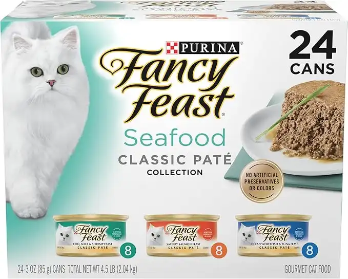 Fancy Feast Purina Seafood Classic Pate Collection Grain Free Wet Cat Food Variety Pack - (Pack of 24) 3 oz. Cans