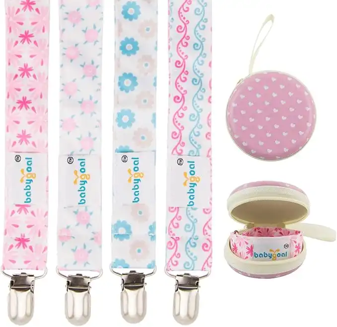 Babygoal Baby Girl Pacifier Clips with Pacifier Case, 4 Pack Metal Teething Clips & Baby Shower Gift Fits All Pacifier Styles
