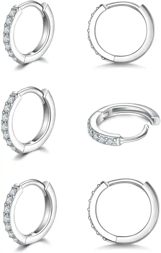 925 Sterling Silver Small Hoop Earrings Cubic Zirconia Huggie Hoop Earrings, 3 Pairs 14K White Gold Plated Cartilage Piercing Earrings Ear Cuff Tiny Hoop Earrings for Women Men