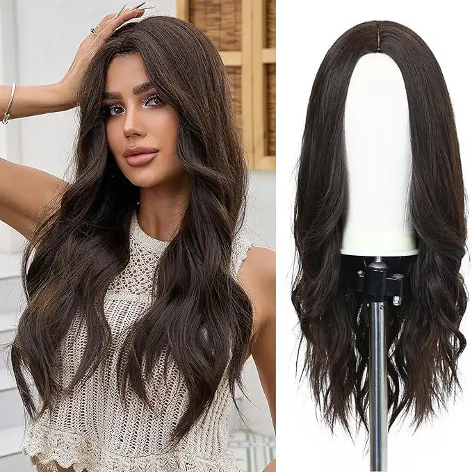 Esmee 24 Inches Long Wavy Black Brown Wigs Cosplay Costume Party Wig for Black Women Afro High Temperature Fiber Synthetic Hair Wigs