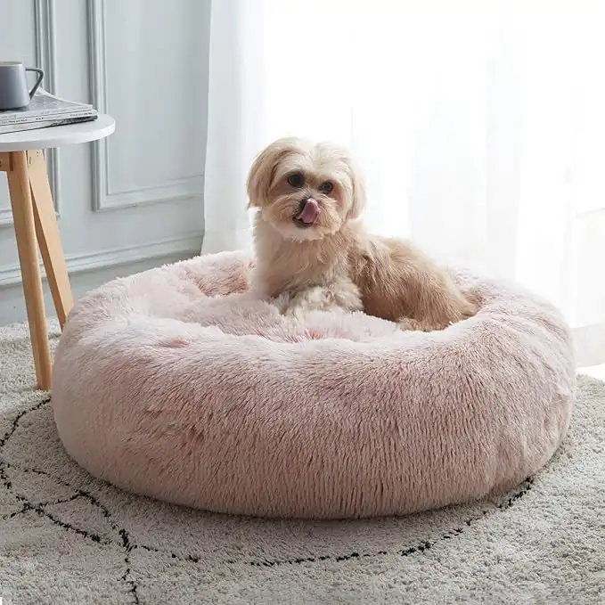 WESTERN HOME WH Calming Dog & Cat Donut Cuddler, Anti-Anxiety Warming Cozy Soft Round Bed, Fluffy Faux Fur Plush Cushion for Small Medium Dogs and Cats (20"/24"/27"/30")