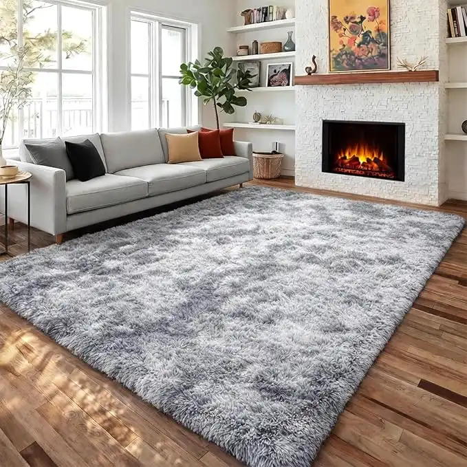 PAGISOFE Abstract Shaggy Area Rug, 4x6, Plush Soft Fluffy Fuzzy Furry Carpet for Living Room, Dorm, Tie-Dyed Light Grey for Bedroom, Nursery, Grils, Boys, Kids Room