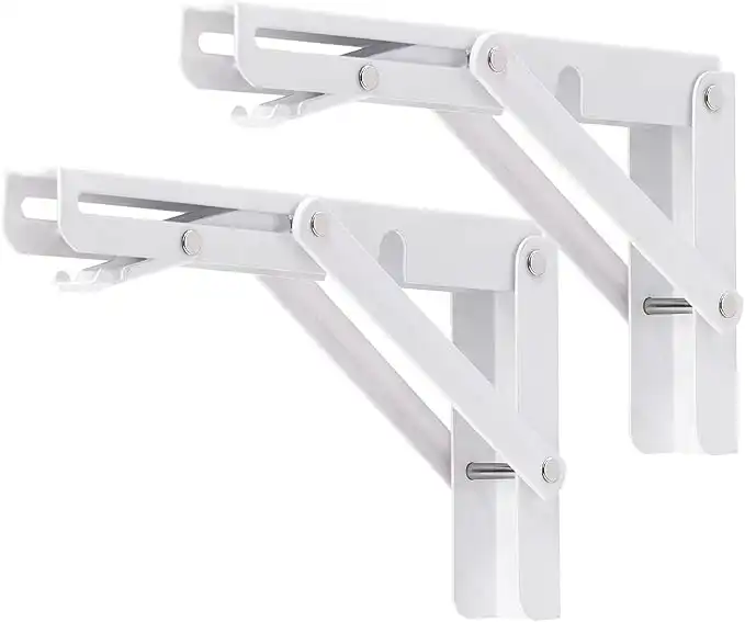 YUMORE Folding Shelf Brackets, 8 Inch Heavy Duty Collapsible Shelf Bracket, DIY L Bracket for Workbench Folding Table Hinge, Max Load: 300lb, White, 2 Pack