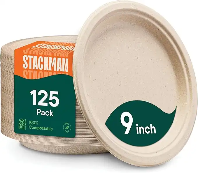 Stack Man 100% Compostable 9" Paper Plates [125-Pack] Heavy-Duty Quality Natural Disposable Bagasse, Eco-Friendly Made of Sugar Cane Fibers, 9 inch, Brown