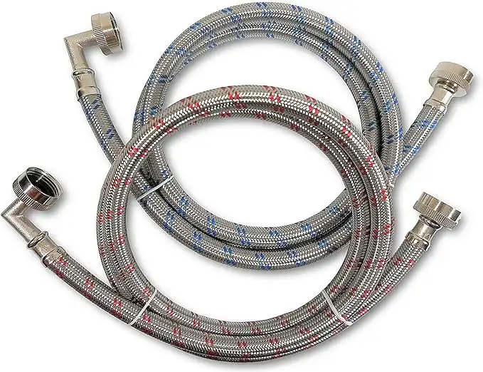 Kelaro Premium Stainless Steel Washing Machine Hoses with 90 Degree Elbow, 10 Ft Burst Proof (2 Pack) Red and Blue Striped Water Connection Inlet Supply Lines