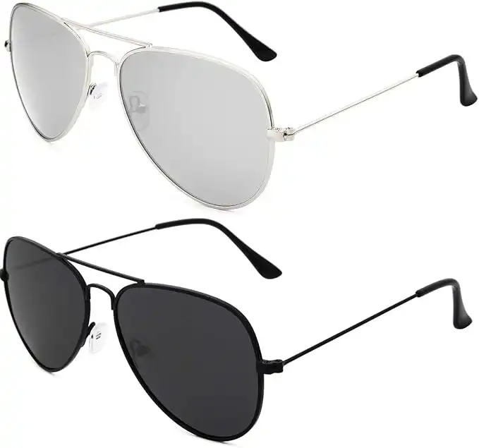 livho G Sunglasses for Men Women Aviator Polarized Metal Mirror UV 400 Lens Protection (Black Grey+Silver Lens)