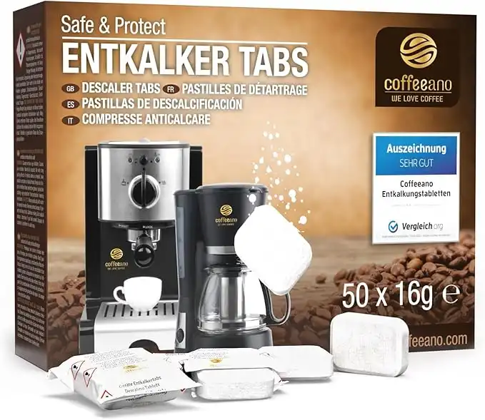 Coffeeano 50x descaling tablets XL for fully automatic coffee machines and coffee makers. Descaling tabs compatible with Jura, Siemens, Krups, Bosch, Miele, Melitta, WMF and many more