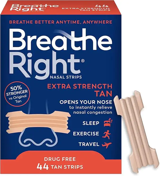 Breathe Right Extra Strength Tan Nasal Strips, Nasal Congestion Relief due to Colds & Allergies, Reduces Nasal Snoring caused by Nasal Congestion, Drug-Free, 44 count