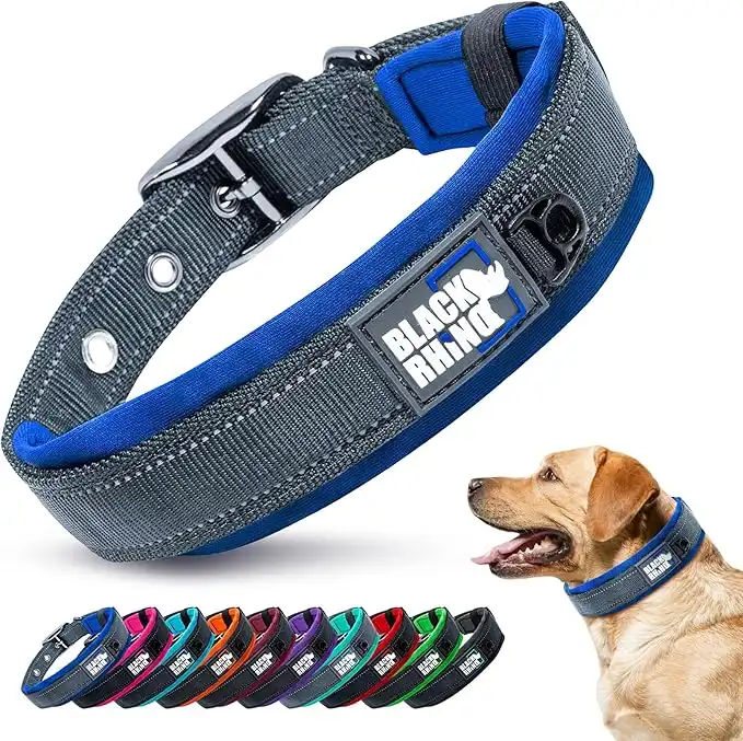 Black Rhino - The Comfort Collar Ultra Soft Neoprene Padded Dog Collar for All Breeds - Heavy Duty Adjustable Reflective Weatherproof (Large, Blue/Grey)