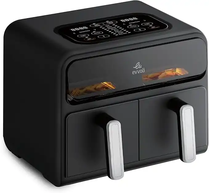 Evvoli 9L Air fryer with Dual Basket Design, 9 preset programs, 2400W,Viewing window, EVKA-AF9009T