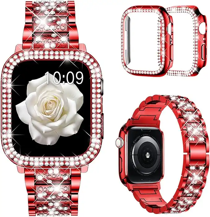 Mosonio Compatible with Apple Watch Band 38mm 40mm 41mm 42mm 44mm 45mm 49mm with 2 Pack Case Women, Jewelry Replacement Metal Wristband Strap with Bling PC Protective Case for iWatch Ultra SE Series