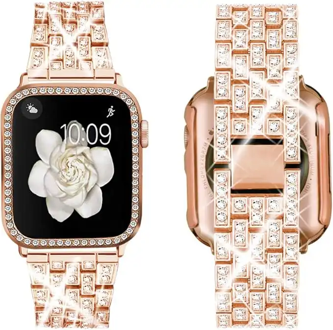 Supoix Compatible with Apple Watch Strap 38 mm 40 mm 41 mm 42 mm 44 mm 45 mm 49 mm + Case, Women's Jewellery Bling Diamond Rhinestone Replacement Metal Strap & 2 Pieces PC Protective Case for iWatch