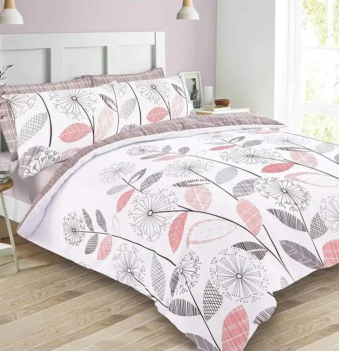 Dreamscene Allium Floral Duvet Cover with Pillowcase Bedding Set Reversible Tartan Check, Blush Pink Grey - King