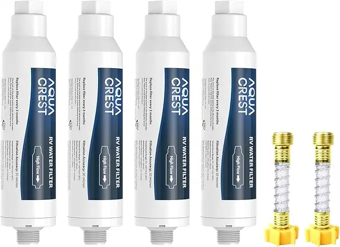 AQUA CREST RV Water Filter, RV Inline Water Filter with NSF Certified, Reduces Chlorine, Bad Taste and Odor, Ideal for Garden and Camper (Filter 4 Pack with Hose Protector)