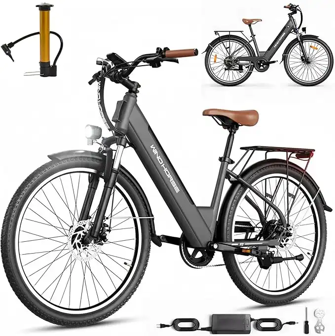 WINDHORSE F2 Electric Bike 350W Motor, 36V 13Ah Removable Battery, 32KM/H Max Speed, 40–80KM Range, 26 Inches Tires, Shimano 7-Speed, Dual Disc Brakes, Front Suspension, 3 Riding Modes