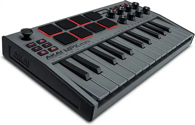 Akai Professional Mpk Mini Mk3 25 Key Usb Midi Keyboard Controller With 8 Backlit Drum Pads, 8 Knobs And Music Production Software Included Grey, Mpkmini3